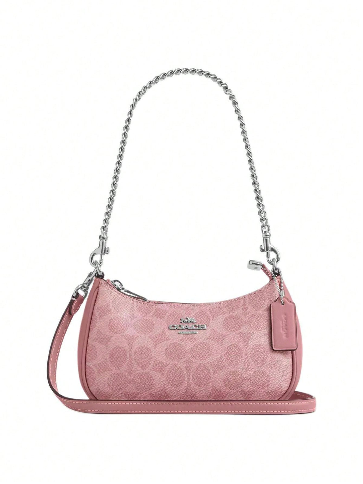 COACH Teri 19 Silver Metallic Hardware Classic Monogram Coated Canvas Crossbody Bag With Top Handle Adjustable Strap And Interior