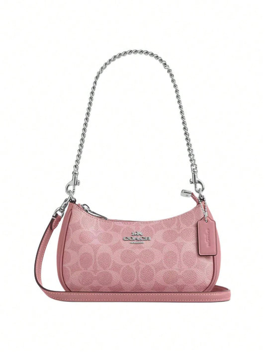 COACH Teri 19 Silver Metallic Hardware Classic Monogram Coated Canvas Crossbody Bag With Top Handle Adjustable Strap And Interior