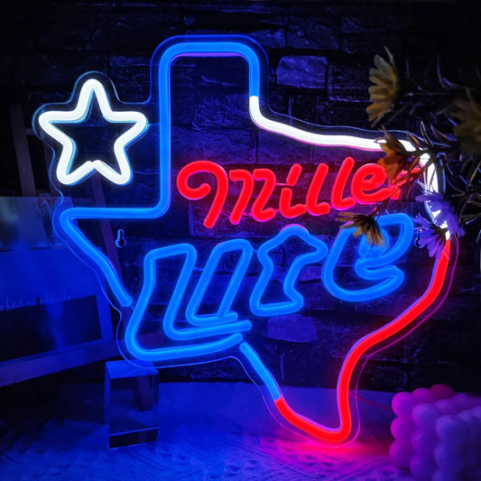 Miller Lite Texas Map Beer Bar Neon Sign