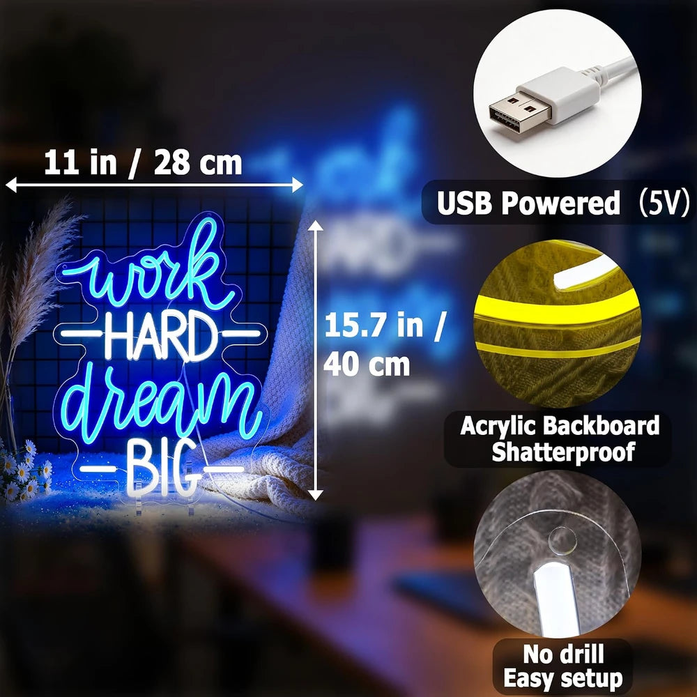 Motivational Work Hard Dream Big Neon Light Wall Sign