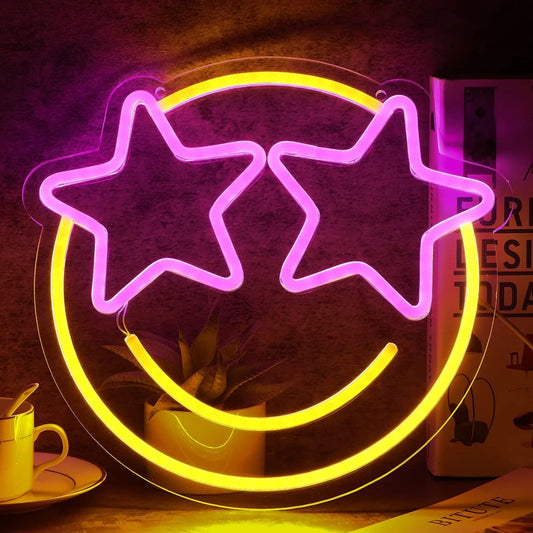 Smiley Face Star Eyes LED Neon Sign