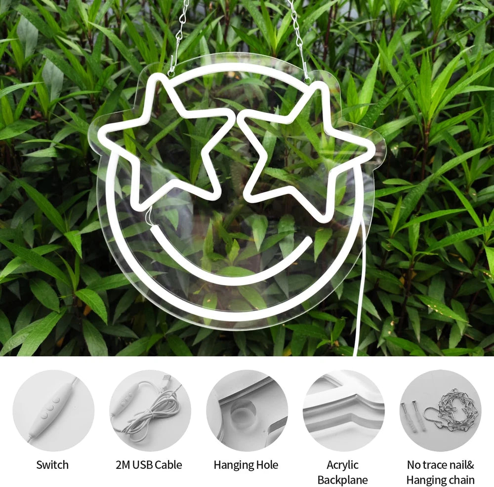 Smiley Face Star Eyes LED Neon Sign