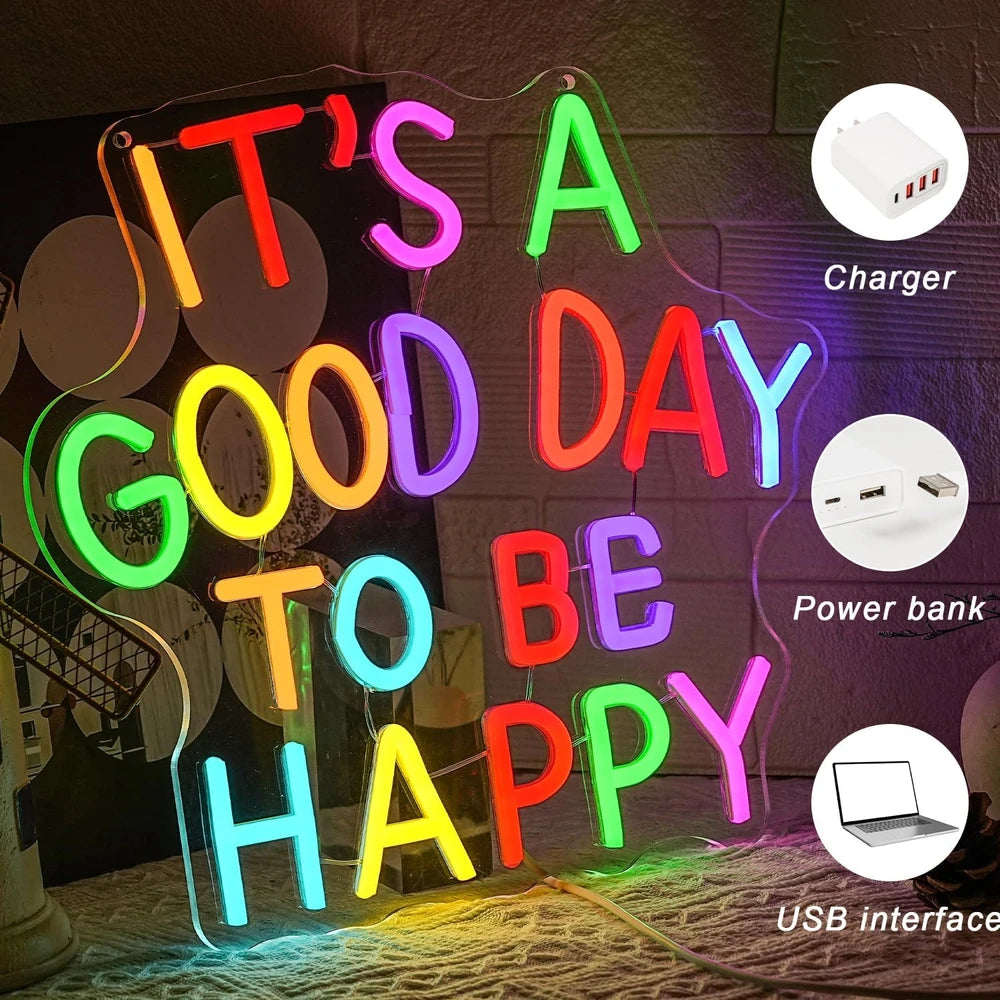 Colorful It's A Good Day To Be Happy Neon Wall Sign
