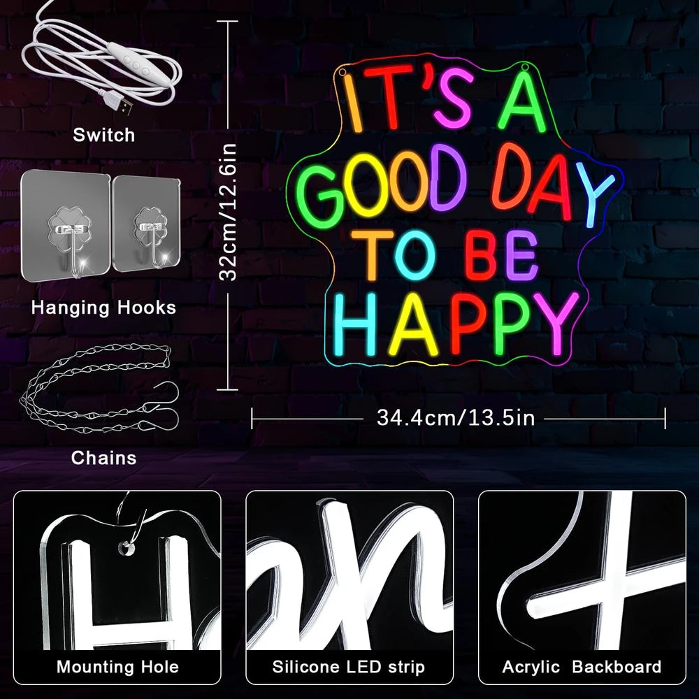 Colorful It's A Good Day To Be Happy Neon Wall Sign