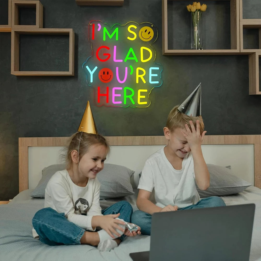 I'm So Glad You're Here Smiley Positive Quote Classroom Neon Sign