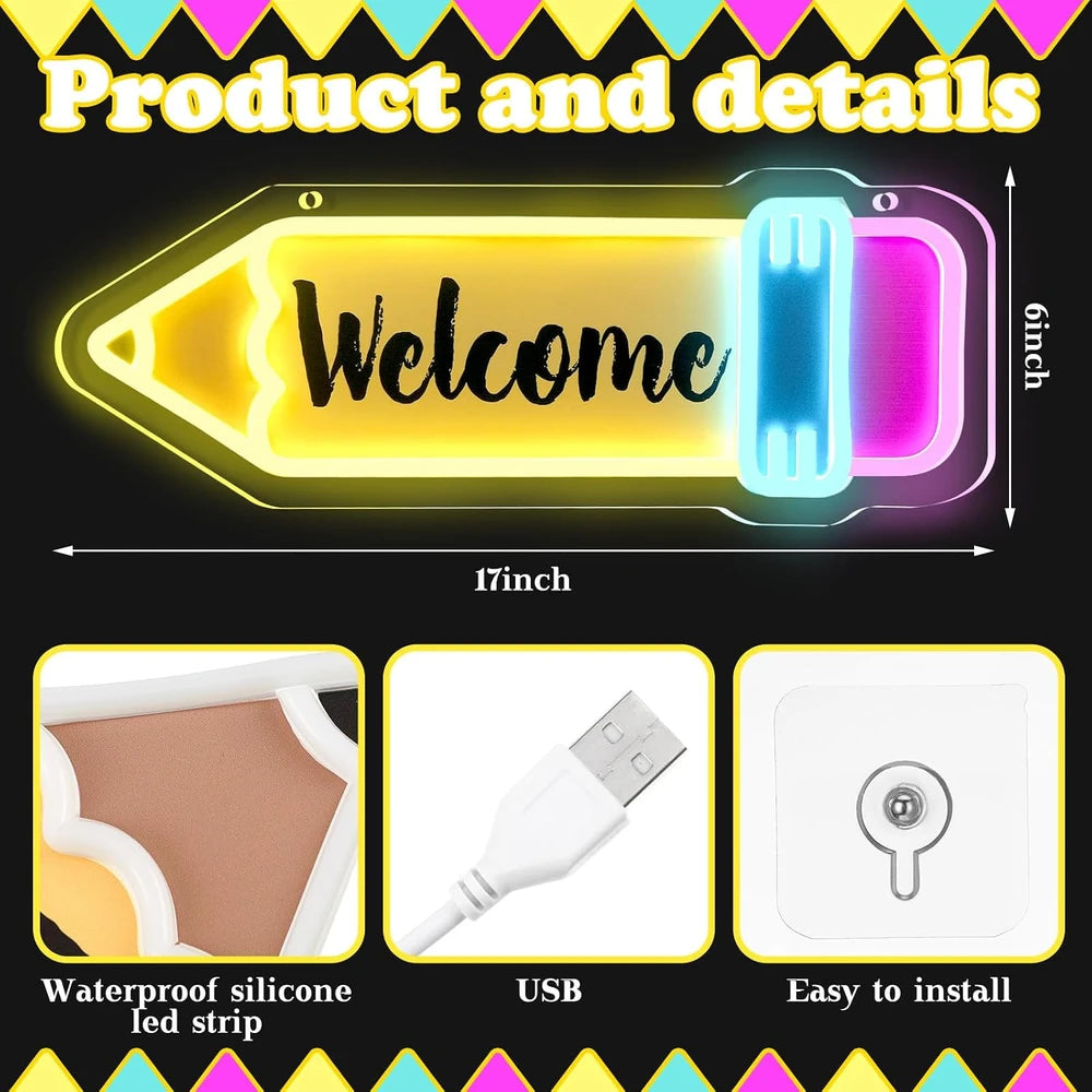 Welcome Pencil Classroom LED Neon Sign