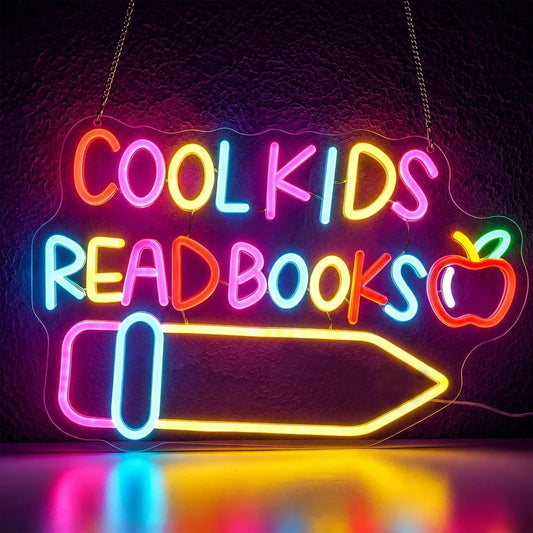 Colorful Cool Kids Read Books Library Neon Classroom Sign