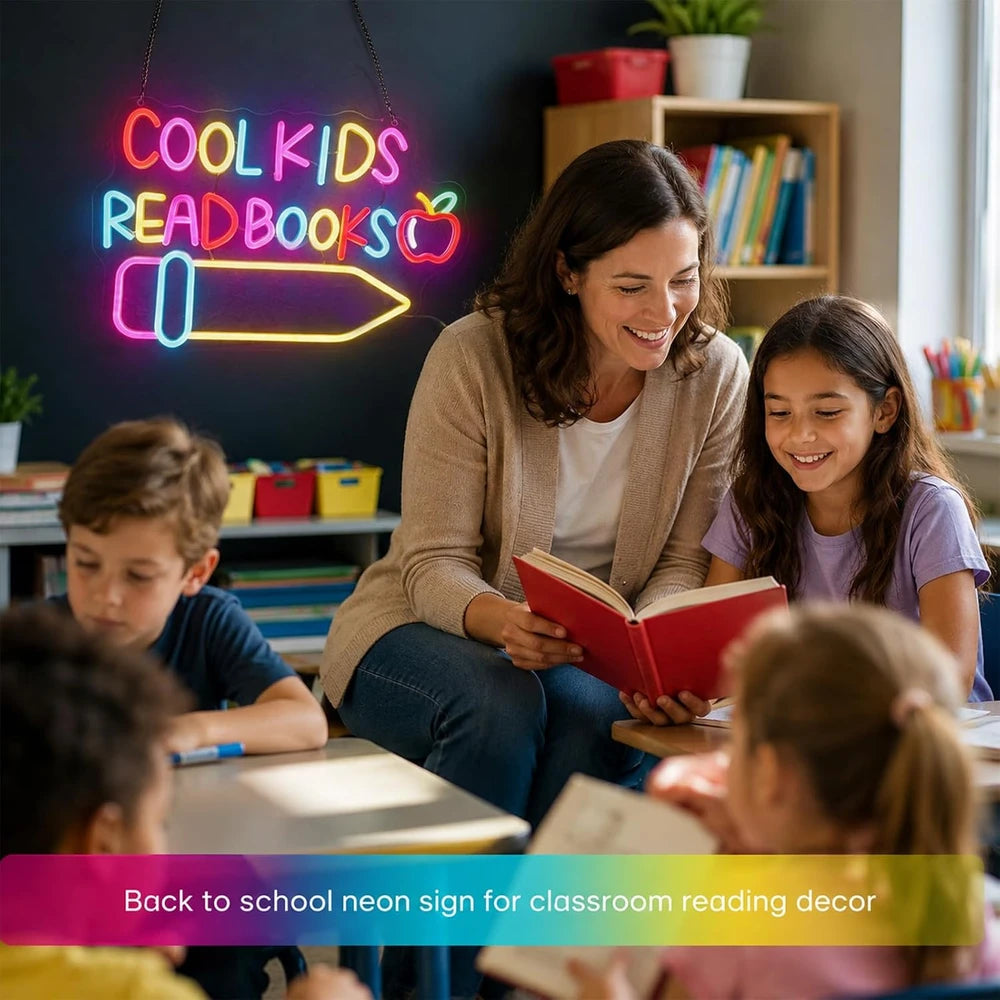 Colorful Cool Kids Read Books Library Neon Classroom Sign