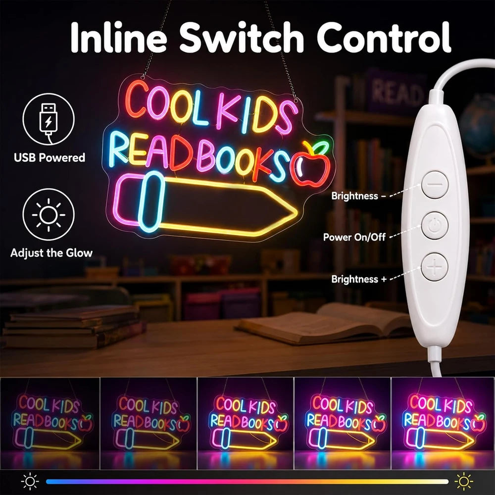 Colorful Cool Kids Read Books Library Neon Classroom Sign