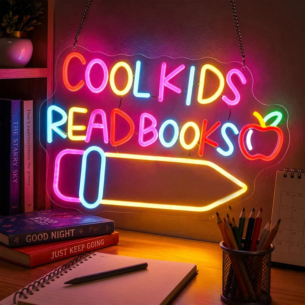 Colorful Cool Kids Read Books Library Neon Classroom Sign