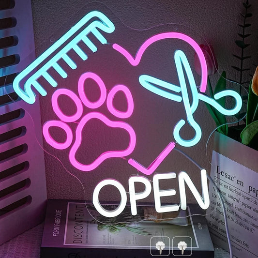 Colorful Paw Pet Groomer Open Neon Sign