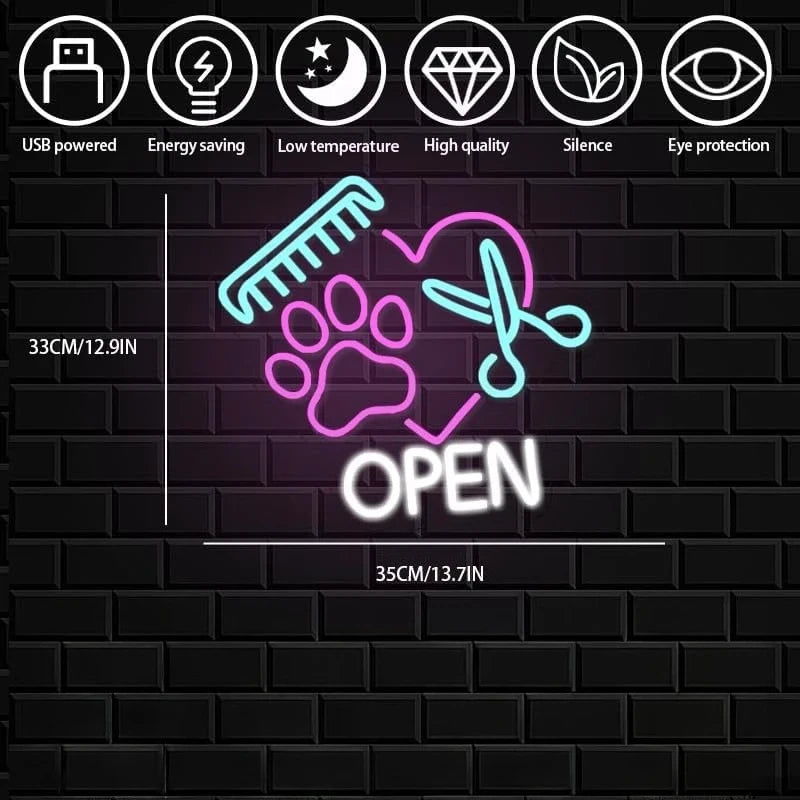 Colorful Paw Pet Groomer Open Neon Sign
