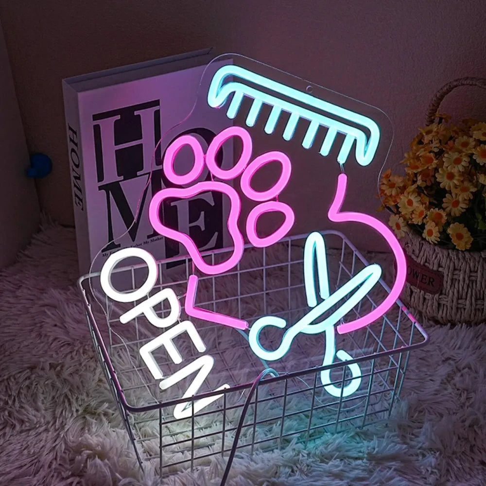 Colorful Paw Pet Groomer Open Neon Sign