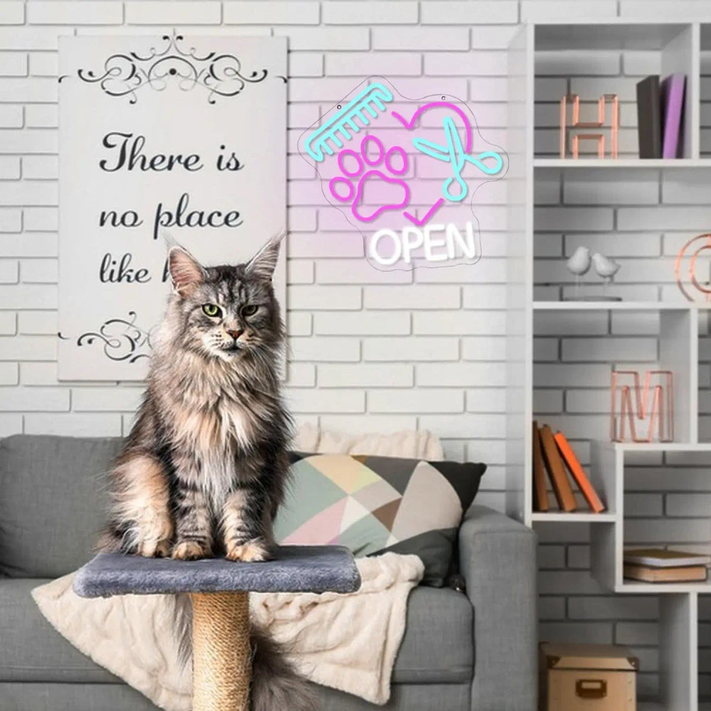 Colorful Paw Pet Groomer Open Neon Sign