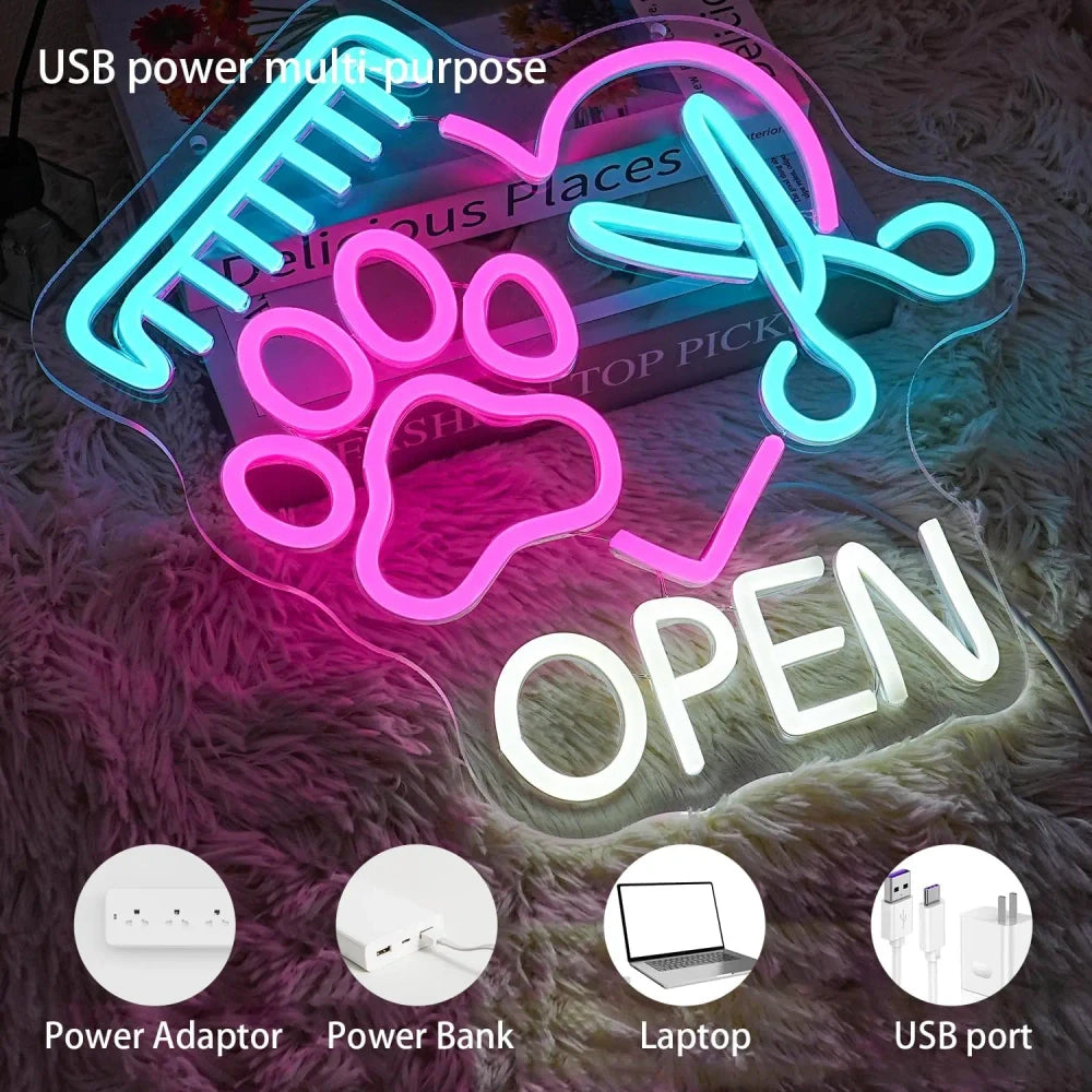 Colorful Paw Pet Groomer Open Neon Sign