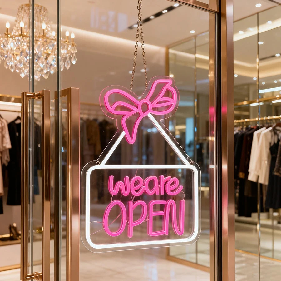 We're Open Pink Bow LED Neon Business Sign
