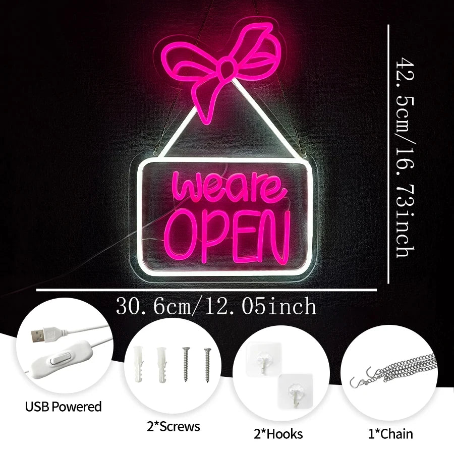 We're Open Pink Bow LED Neon Business Sign