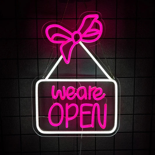 We're Open Pink Bow LED Neon Business Sign