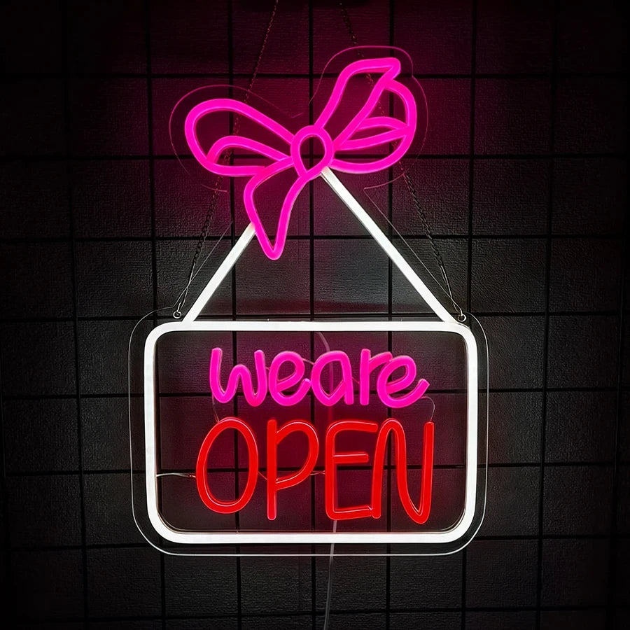 We're Open Pink Bow LED Neon Business Sign