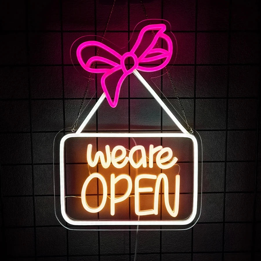 We're Open Pink Bow LED Neon Business Sign