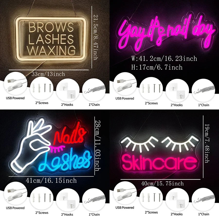 Various Beauty Salon Neon Signs - Brows, Lashes, Waxing, Nails