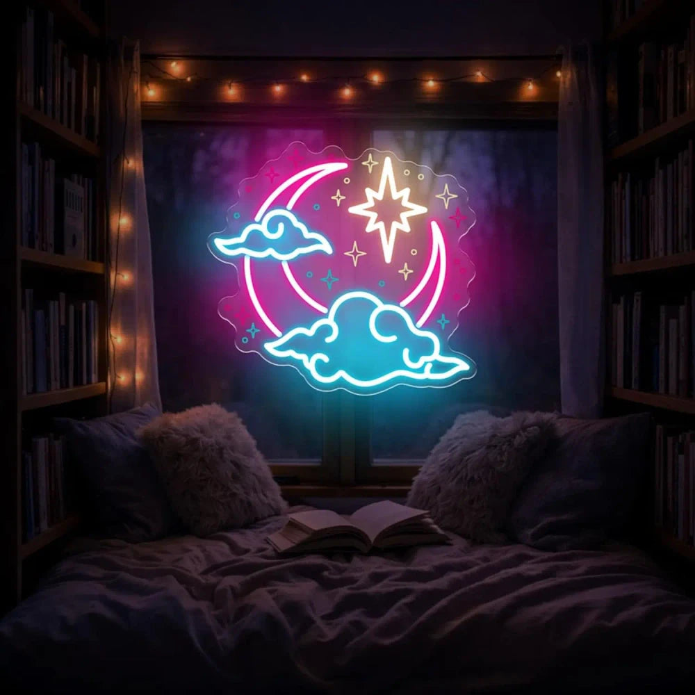 Crescent Moon Cloud Star Neon Wall Light