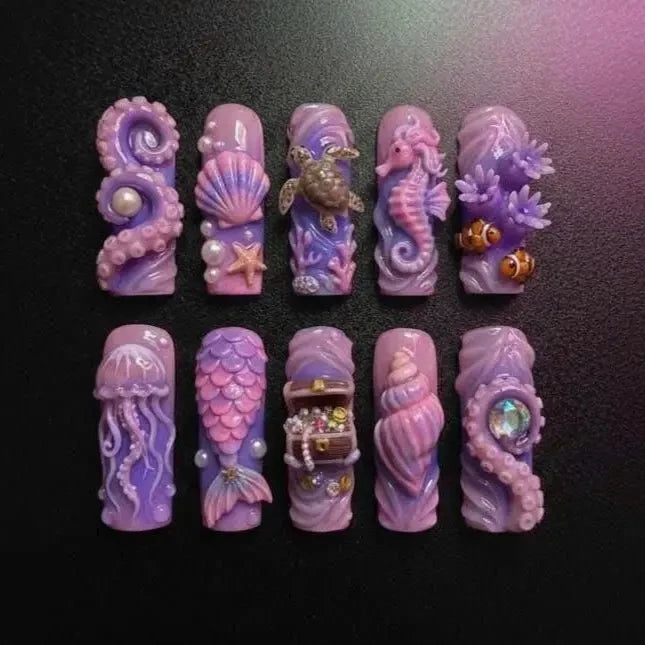 Purple Sea Art Ocean Theme Handmade Press On Nails