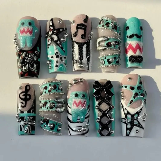 Y2K Alternative Punk Domo Blue Black Handmade Press-On Nails