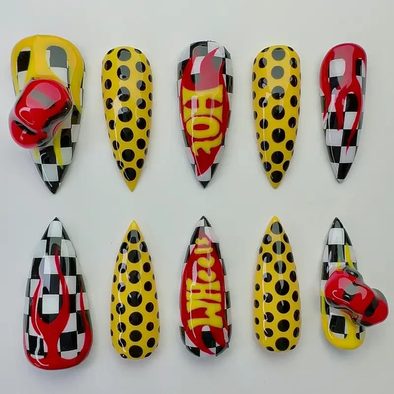 Hot Wheels Racing Checkered Handmade Press On Nails