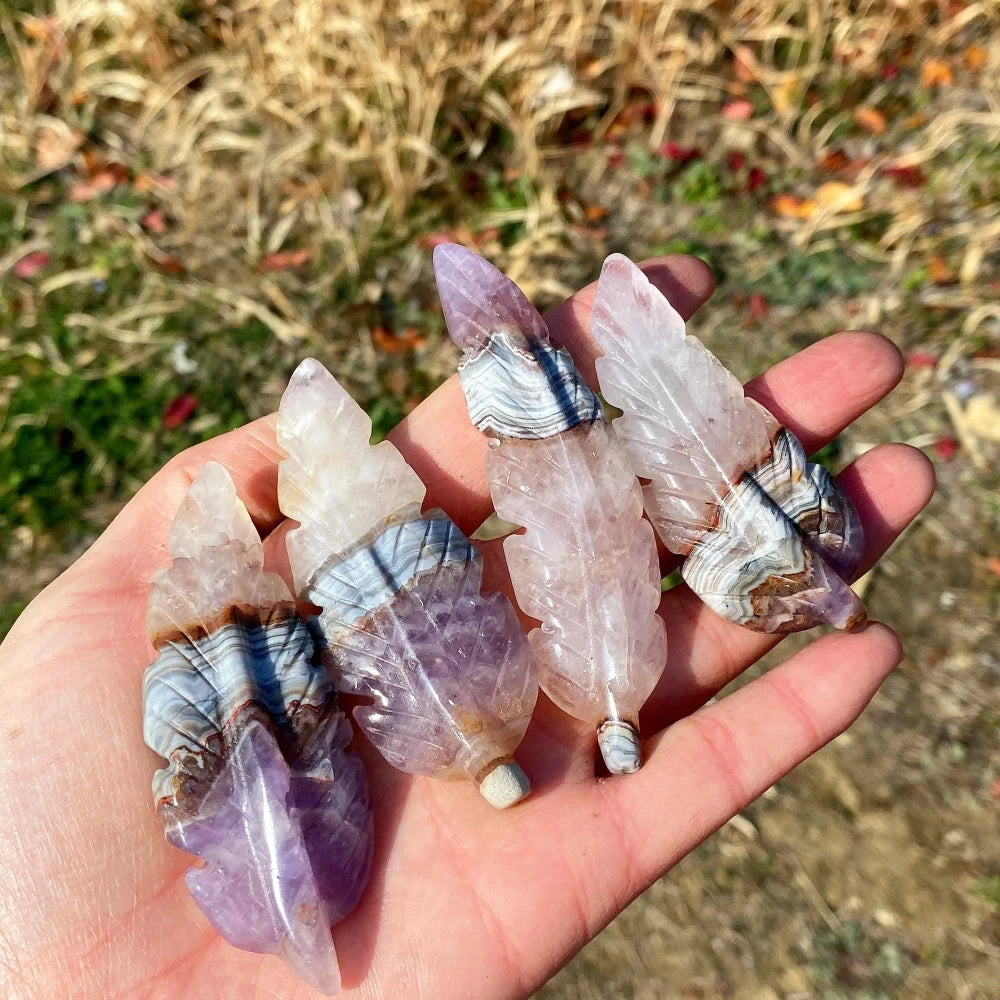 Natural Amethyst & Crazy Lace Agate Carved Crystal Feather Sculpture