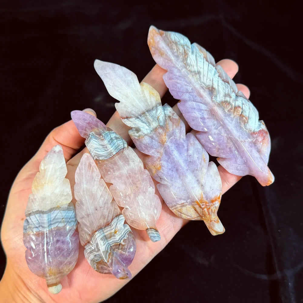 Natural Amethyst & Crazy Lace Agate Carved Crystal Feather Sculpture