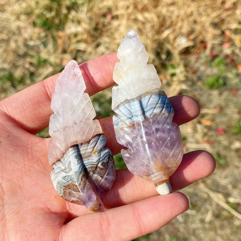 Natural Amethyst & Crazy Lace Agate Carved Crystal Feather Sculpture
