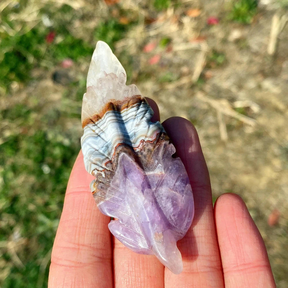 Natural Amethyst & Crazy Lace Agate Carved Crystal Feather Sculpture