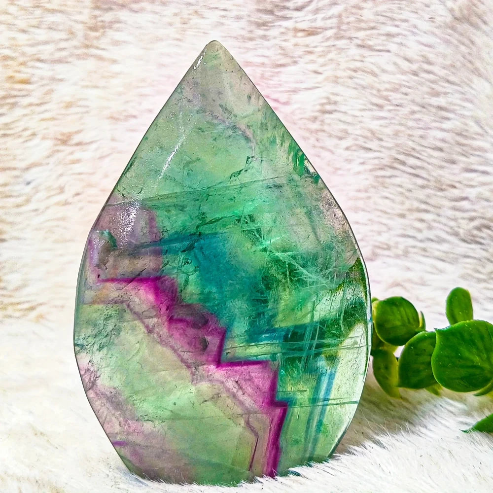 Green & Purple Natural Fluorite Tear Drop Crystal Tower