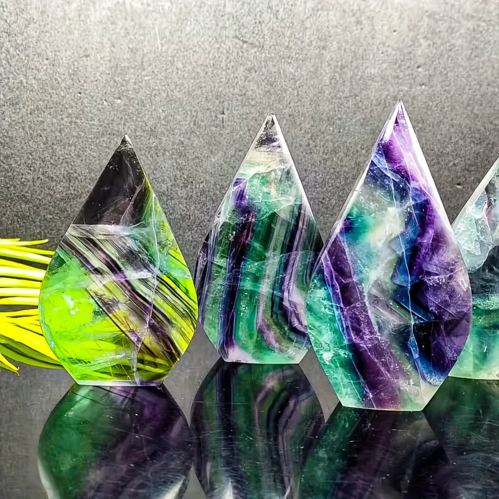 Green & Purple Natural Fluorite Tear Drop Crystal Tower