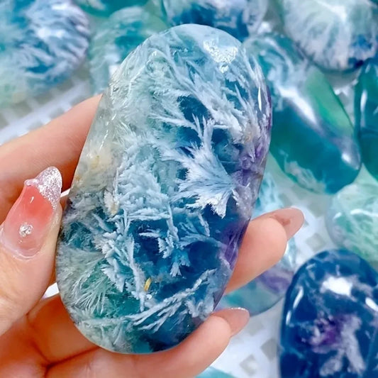 Polished Feather Snowflake Fluorite Palm Stone