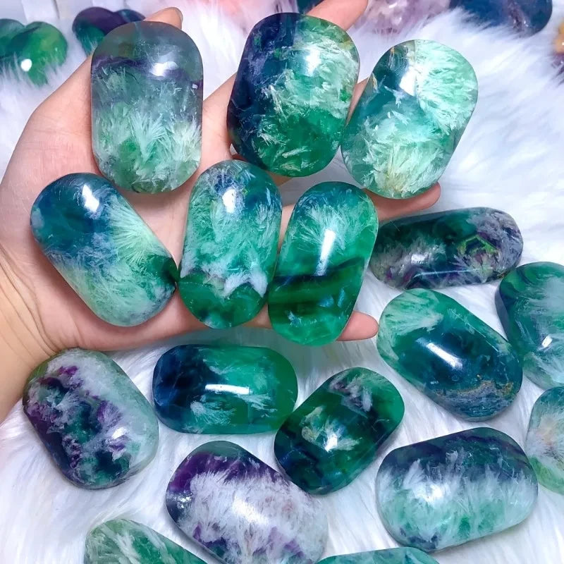 Polished Feather Snowflake Fluorite Palm Stone