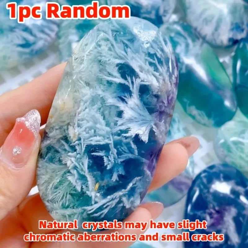 Polished Feather Snowflake Fluorite Palm Stone