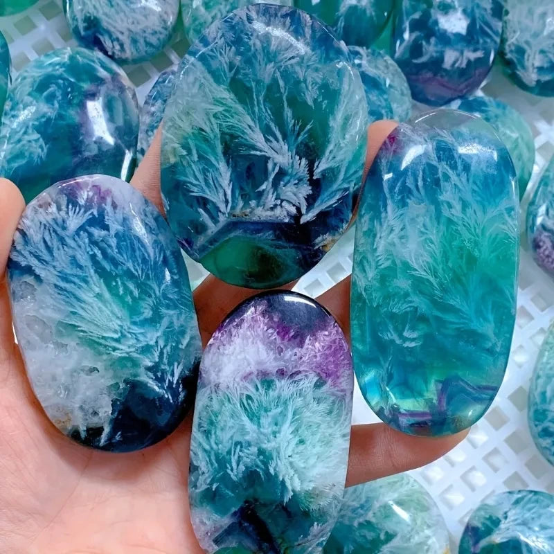 Polished Feather Snowflake Fluorite Palm Stone