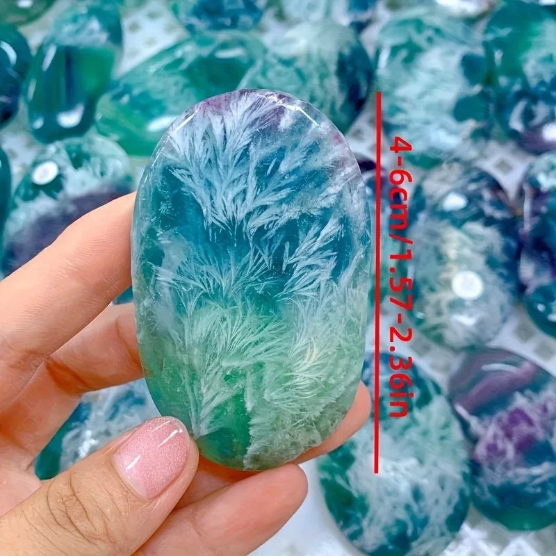 Polished Feather Snowflake Fluorite Palm Stone