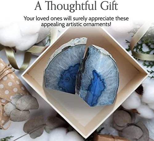 Natural Blue Agate Crystal Geode Bookends