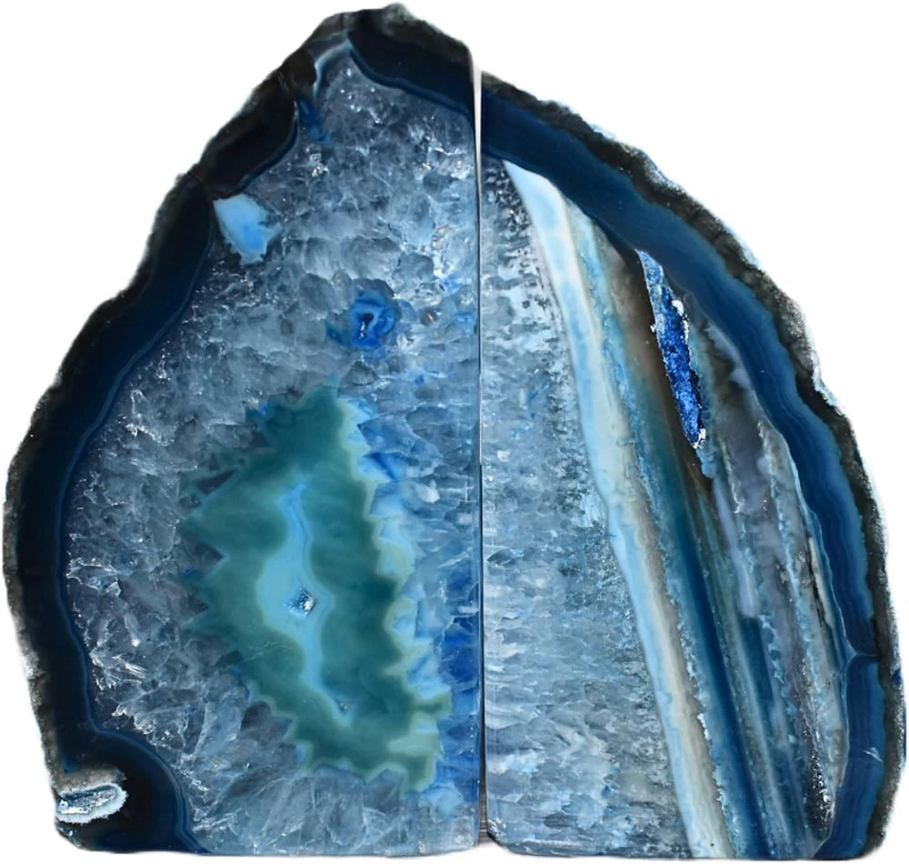 Natural Blue Agate Crystal Geode Bookends