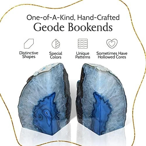 Natural Blue Agate Crystal Geode Bookends