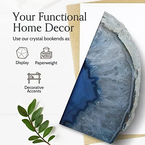 Natural Blue Agate Crystal Geode Bookends