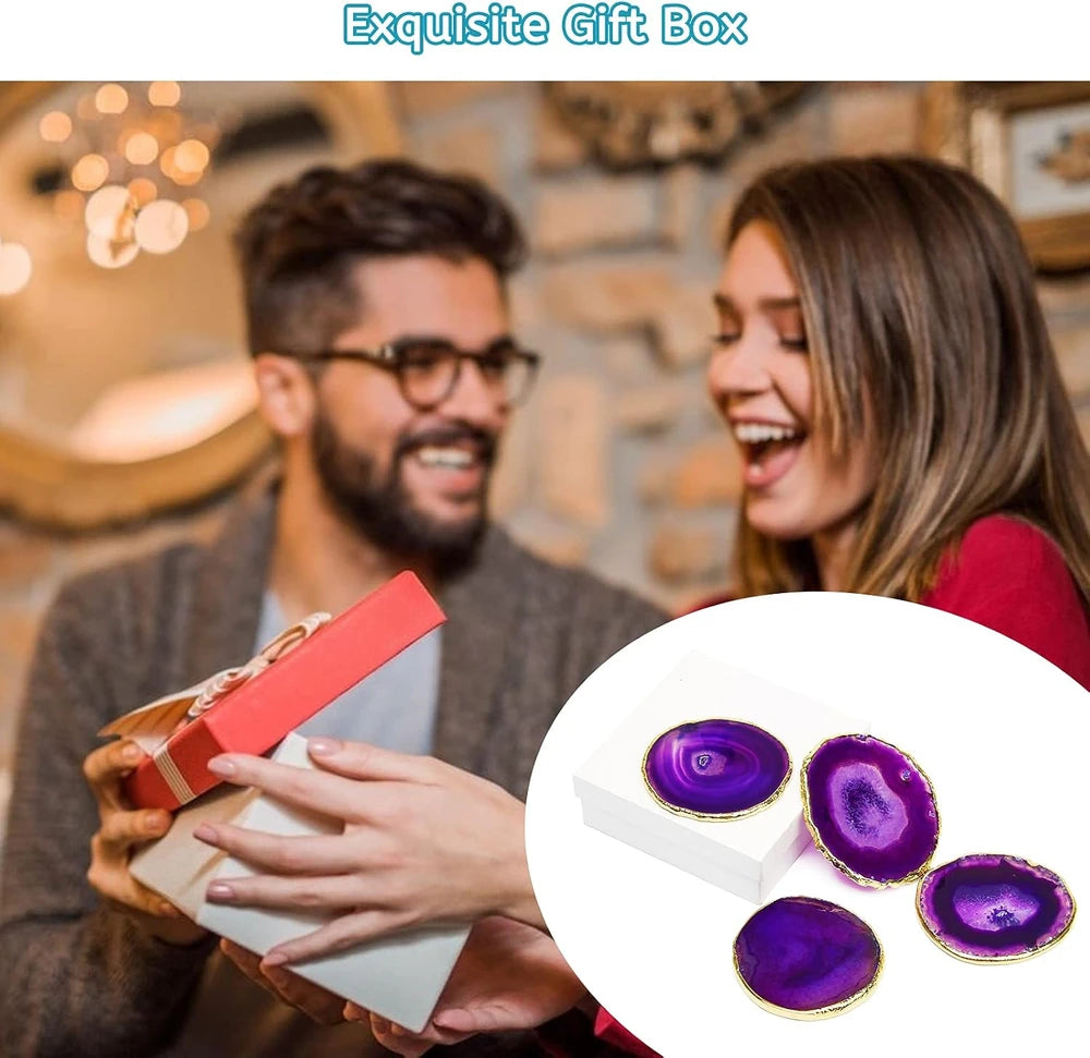 Purple Agate Crystal Coaster Set of 4, With Gift Box