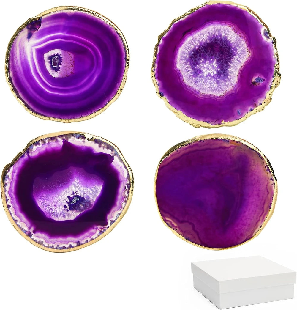 Purple Agate Crystal Coaster Set of 4, With Gift Box