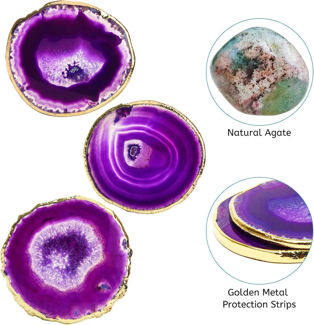 Purple Agate Crystal Coaster Set of 4, With Gift Box