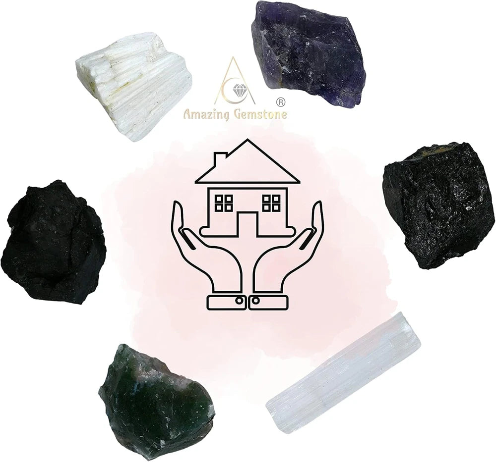 House Protection Crystal Set - Amethyst, Scolecite, Black Tourmaline, Selenite, and Moss Agate