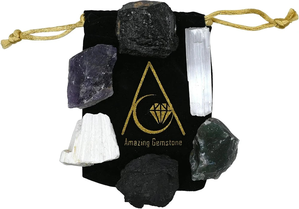 House Protection Crystal Set - Amethyst, Scolecite, Black Tourmaline, Selenite, and Moss Agate