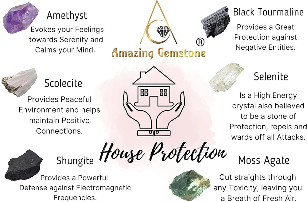 House Protection Crystal Set - Amethyst, Scolecite, Black Tourmaline, Selenite, and Moss Agate
